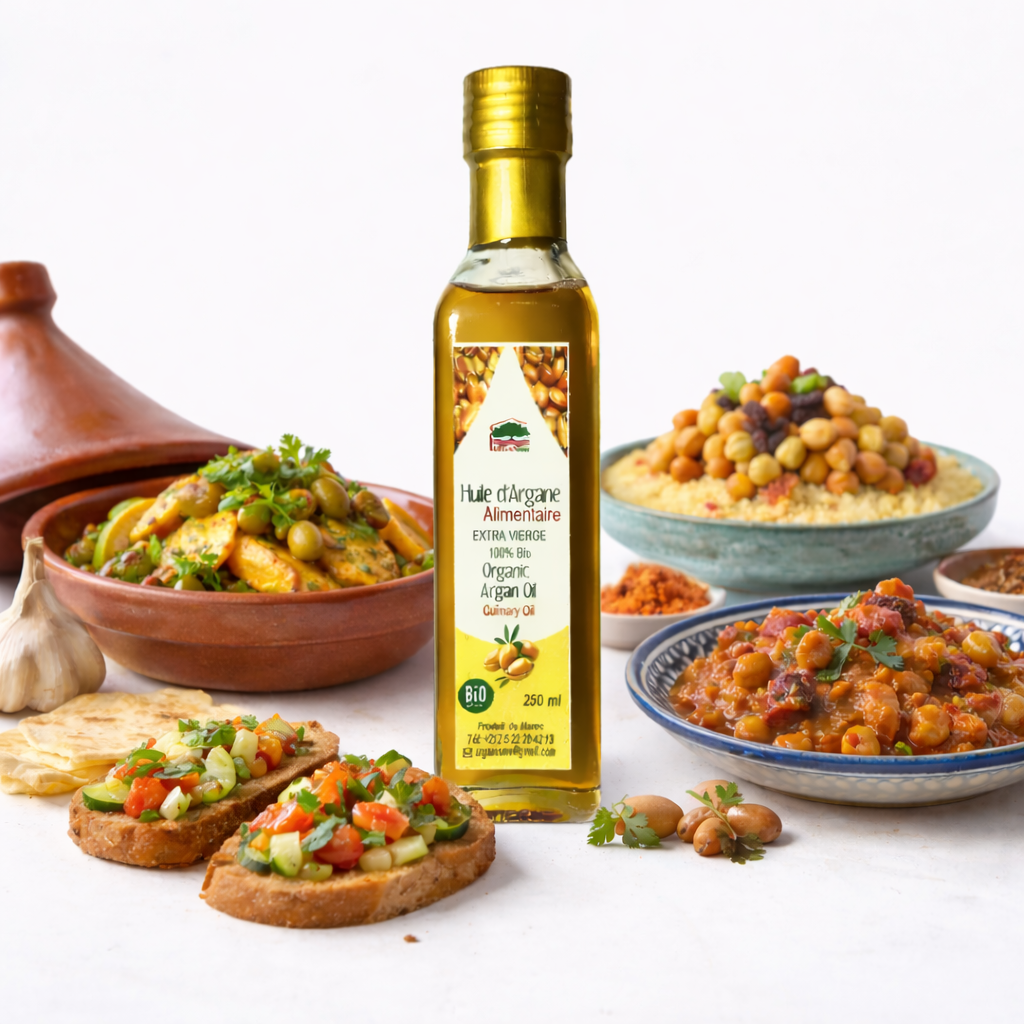 A bottle of gourmet culinary argan oil beside tagine and Moroccan dishes
