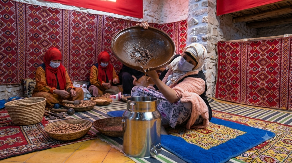 Women of the cooperative seated on rugs, cracking argan nuts by hand around a large basin