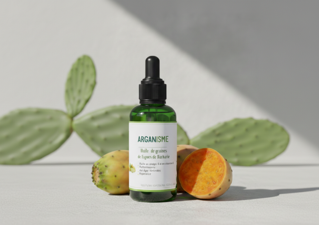 Arganisme prickly pear seed oil beside cactus pads and fruit