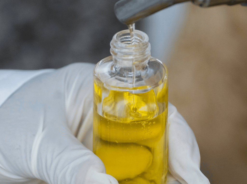 A gloved technician filtering golden argan oil into a glass vessel