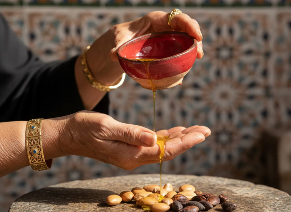 Henna-decorated hands holding a bowl of argan kernels
