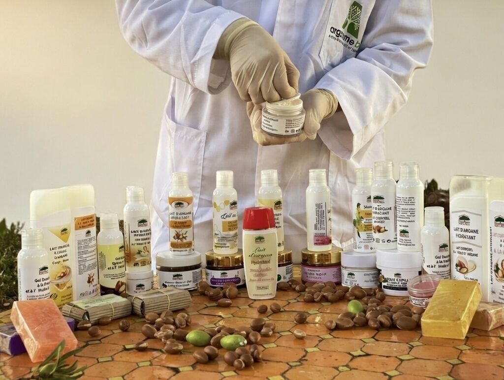 A technician in a lab coat behind the full Arganisme cosmetic and culinary product range