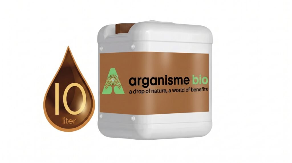 A white Arganisme 10-litre jerrycan of pure deodorized unrefined argan oil