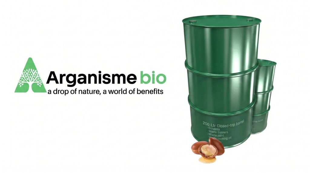 Stacked Arganisme 200-litre green steel drums of bulk argan oil with argan kernels