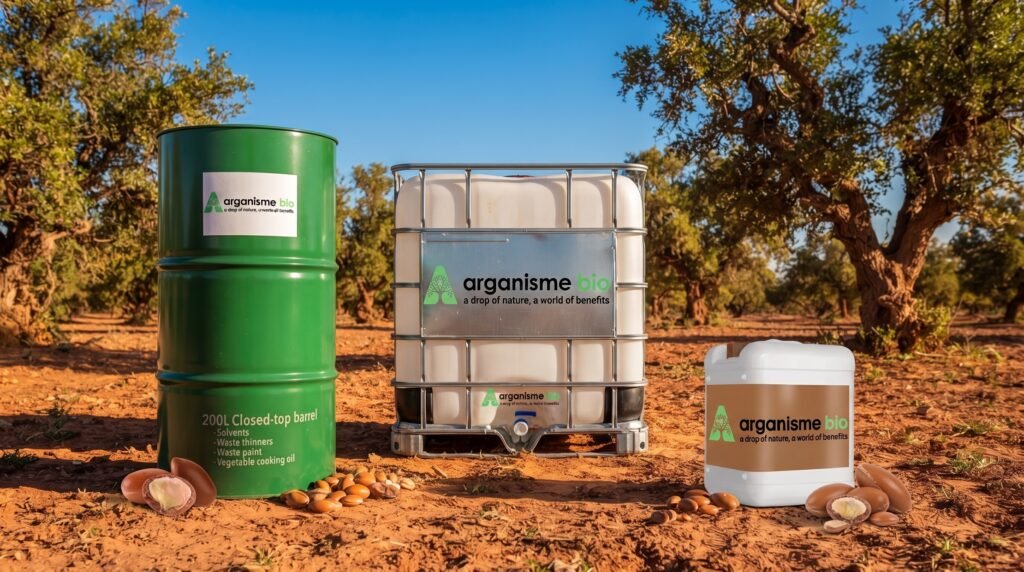 A 200-litre green drum, a white IBC tank and a jerrycan of Arganisme argan oil standing among argan trees
