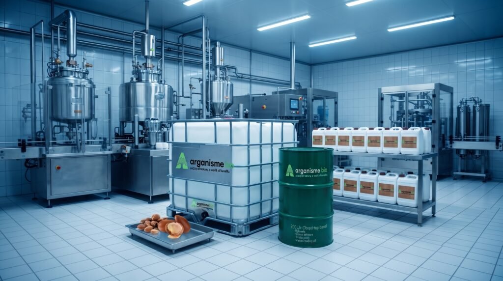 Production hall holding Arganisme IBC totes, green drums and palletised jerrycans