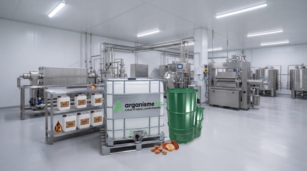 The cold-press line with a branded 200-litre drum at the filling point