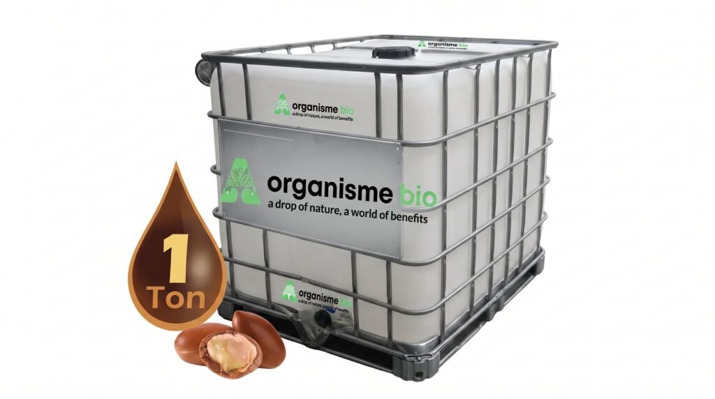 A branded Arganisme intermediate bulk container holding one tonne of argan oil